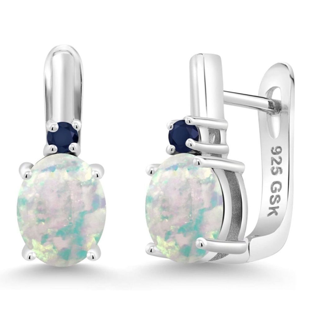925 Sterling Silver with 3.36 Cttw White Opal and Navy Blue Sapphire Earrings